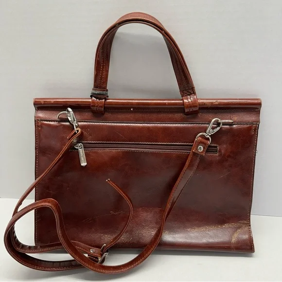 Vtg RinaRich Brown Leather Structured Satchel Handbag Top Handle Crossbody Purse - Picture 2 of 8
